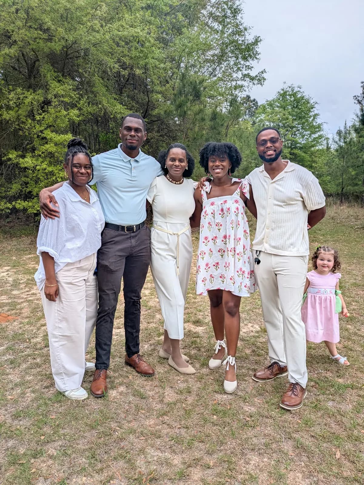 A church family group photo in the field on Easter Sunday