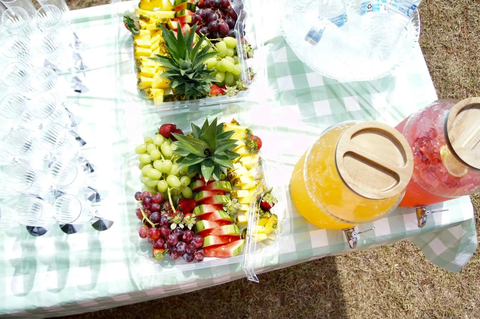 A picnic spread of fresh fruit and lemonade